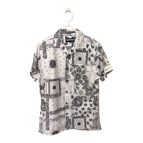 Broadsports Bandana Print Button-Up Shirt Men’s Large Black & White - Picture 1 of 4